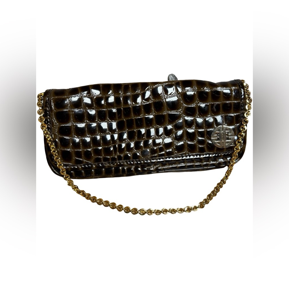 Antonio Melani Croc-Embossed Patent Leather Clutch – Brown with Gold Chain